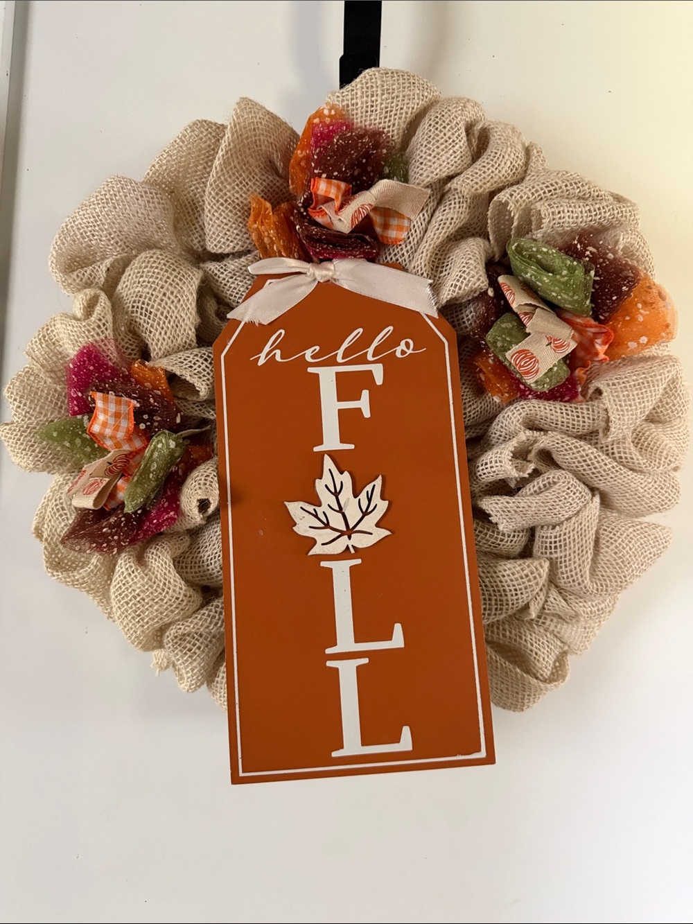 Neutral Burlap 'Hello Fall' Wreath with Orange Tag